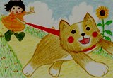 イラスト「女の子　犬　散歩　ひまわり」きのこ